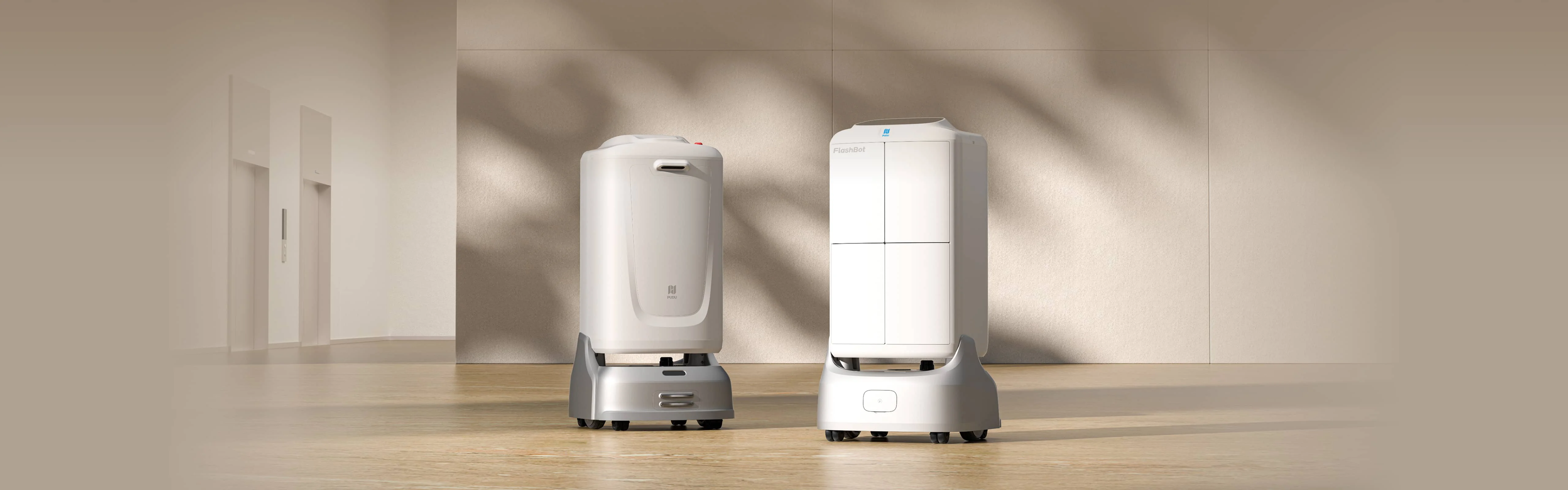 SPARC FlashBot delivery robots navigating a hotel lobby and elevator