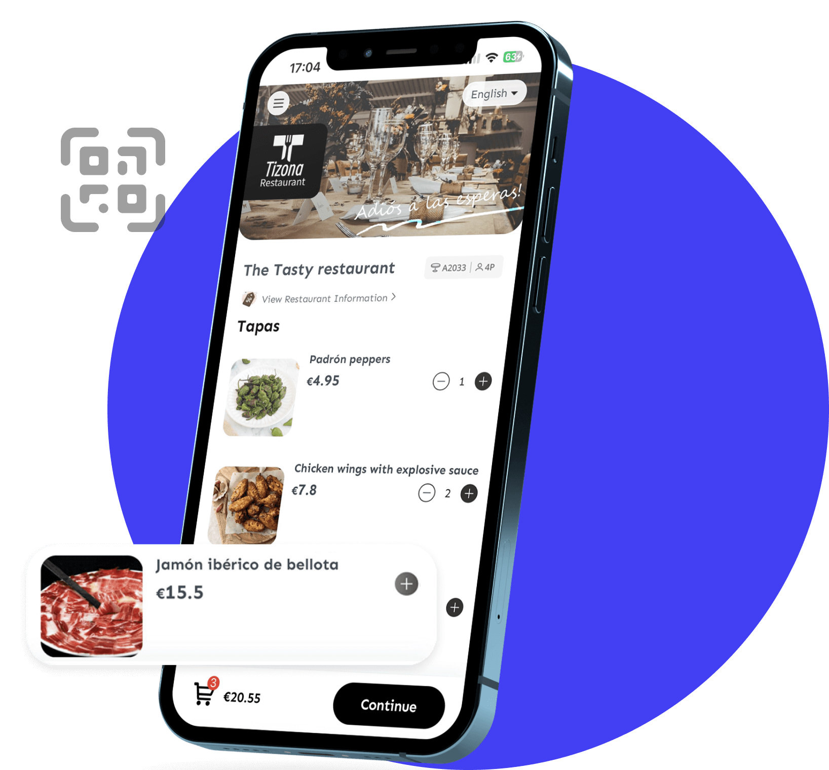 Guest ordering from a QR code menu on a phone